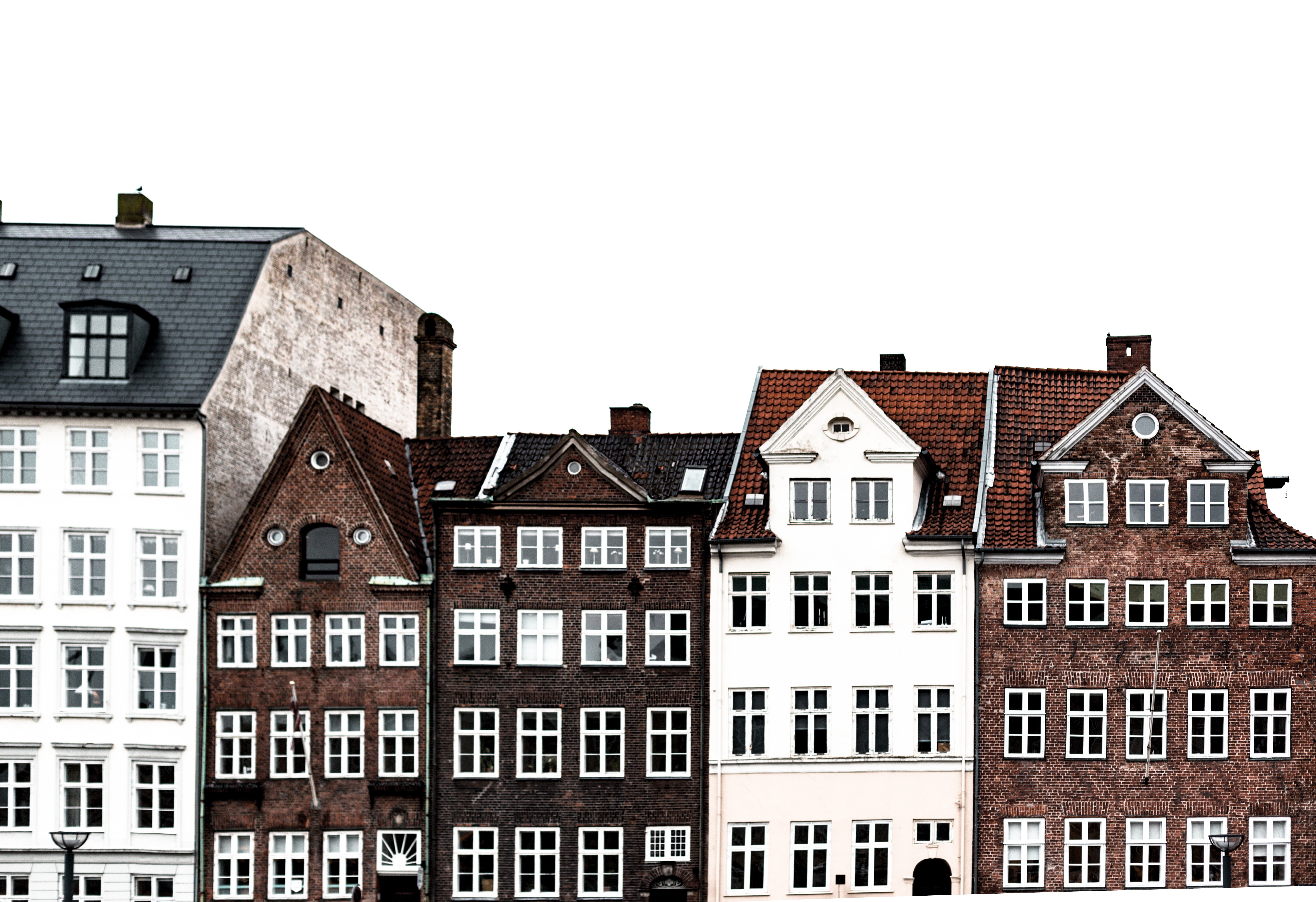 five white and brown danish row houses